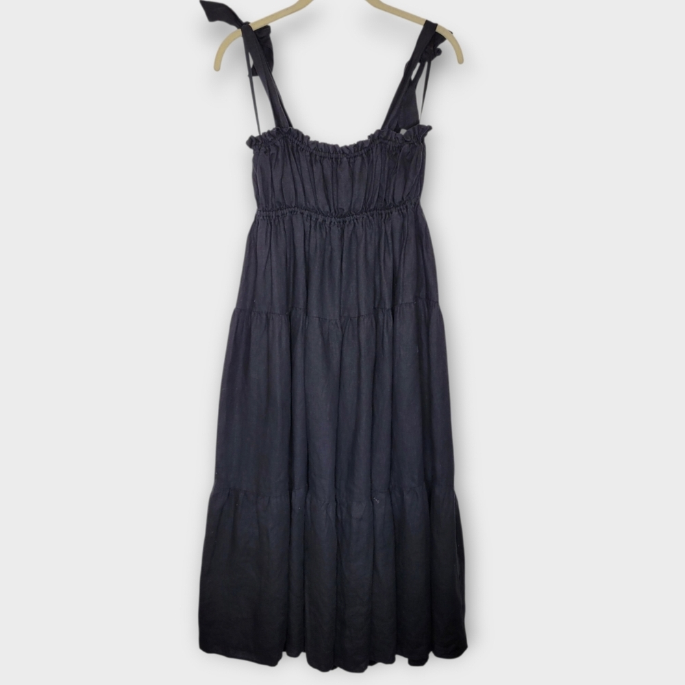 Italic Ljnen Tie Shoulder Tiered Midi Dress S Black